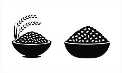 Rice bowls with rice grains and rice plant black silhouette vector