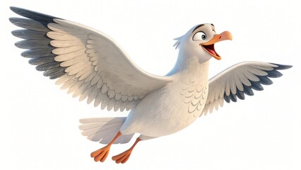 A cartoon white seagull with orange beak and feet flying joyfully against a bright white background