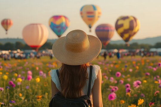 Woman wearing a straw hat and backpack standing in a colorful flower field watching multiple hot air balloons float in the sky during sunset - Powered by Adobe