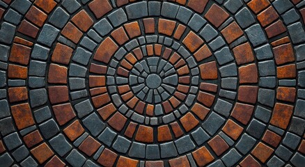 Fototapeta premium circular stone mosaic pattern with alternating gray and reddish-brown rectangular tiles creating a spiral effect