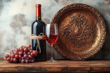 Still life of a bottle of red wine tied with twine, a glass of red wine, a bunch of red grapes, and an ornate large decorative copper plate on a rustic wooden surface