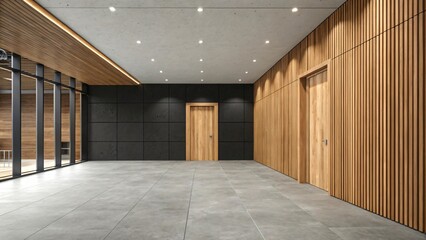 Modern interior hallway with wood paneling concrete walls and wooden doors