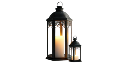 Two ornate dark metal lanterns with lit candles isolated on transparent background