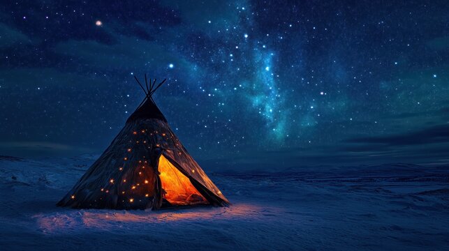 Sami Lavvu (Tent) - Reindeer Hide & Starlight: A traditional Sami lavvu, conical tent structure made of reindeer hide that seems to have constellations subtly embedded in it