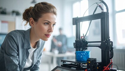 Beautiful young woman operating a 3D printer, monitoring the printing process of a modern prototype in a creative studio with focused expression
