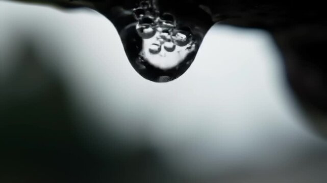 Close up of water drop falling from a surface against a blurred background