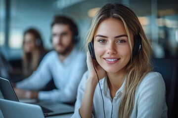 Fototapeta premium Young woman with headset smiling at camera while working on laptop in modern office with colleagues in background