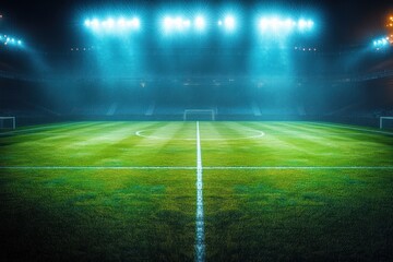 Empty soccer stadium field illuminated by bright floodlights at night with clear view of center circle and goals on each side