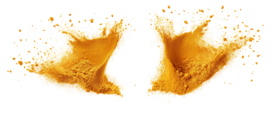 Dual turmeric powder splashes overhead side by side ultra realistic on transparent background
