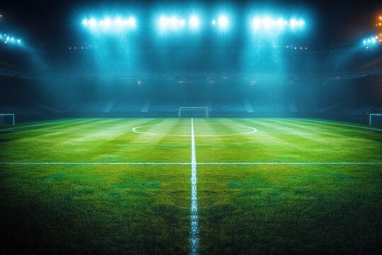 Empty soccer stadium field illuminated by bright floodlights at night with clear view of center circle and goals on each side