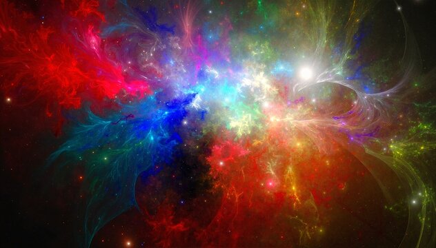 A vibrant, swirling nebula filled with a spectrum of colors, including deep blues, bright pinks, and luminous purples, set against a starry backdrop.