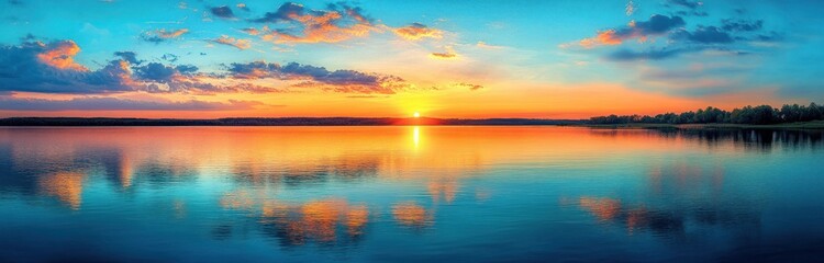 Obraz premium Vibrant sunset over calm lake with dramatic clouds and colorful sky reflecting on water surface surrounded by distant treeline peaceful and serene atmosphere