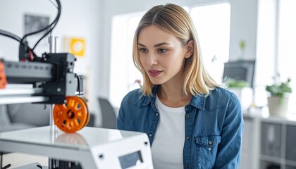 Beautiful young woman operating a 3D printer, monitoring the printing process of a modern prototype in a creative studio with focused expression