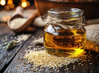 Fototapeta premium Glass jar filled with golden oil tied with rustic twine on a wooden surface scattered with sesame seeds and a wooden spoon in soft warm lighting