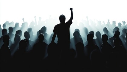 Naklejka premium silhouettes of a large crowd with one person in the center raising a fist, illuminated by a bright light from behind, conveying unity and strength