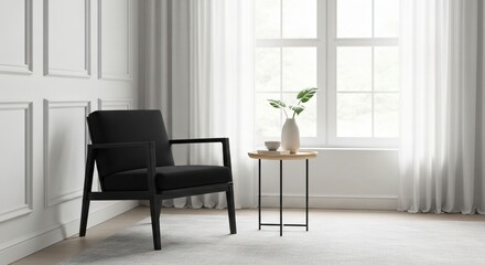 Fototapeta premium Modern black armchair next to a small wooden table with a vase and plant