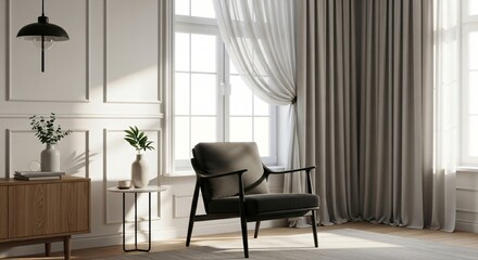 Fototapeta premium Modern living room interior with armchair side table cabinet plants and natural light from window