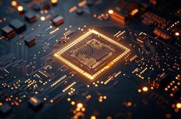 Close-up view of a glowing central microchip on a dark circuit board illuminated by orange lights representing digital technology and electronic connectivity