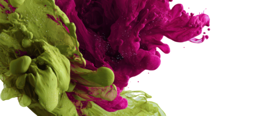 Abstract magenta and green ink swirls in water isolated on transparent background