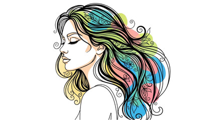 High-Quality Colorful Continuous Black Line Art of Beautiful Young Woman in Side Profile with Flowing Hair – Graceful and Feminine Minimal Style