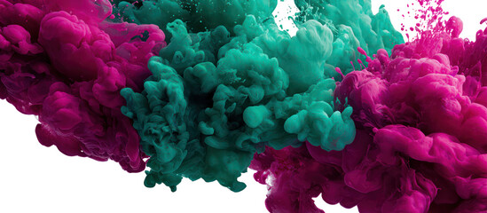 Abstract magenta and teal ink clouds exploding isolated on transparent background
