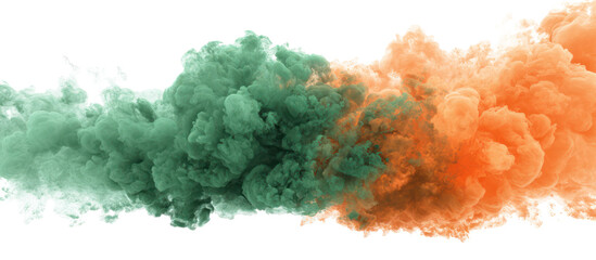 Green and orange ink clouds swirling together isolated on transparent background