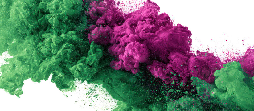 Green and purple powder explosion isolated on transparent background