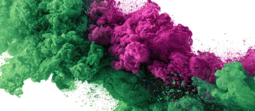 Green and purple powder explosion isolated on transparent background