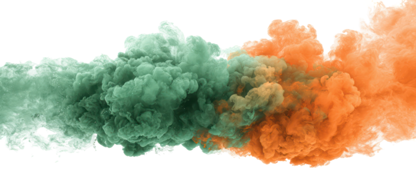 Green and orange ink clouds mixing in water isolated on transparent background
