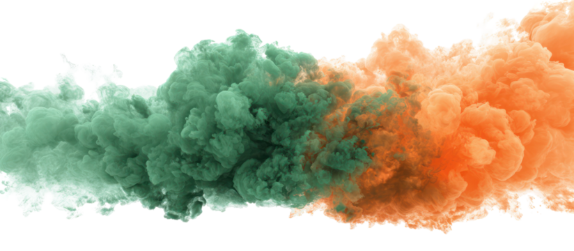 Green and orange ink clouds swirling together isolated on transparent background