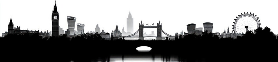 Fototapeta premium Black and white silhouette of London city skyline featuring iconic landmarks including a large Ferris wheel, bridge, clock tower, and modern buildings with reflective water