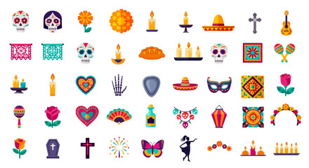 ía de los Muertos Flat Vector Icon Set – Colorful Mexican Festival Icons