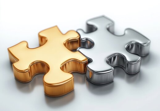 Close-up of two interlocking shiny puzzle pieces, one gold and one silver, reflecting light on a smooth surface symbolizing connection and unity - Powered by Adobe