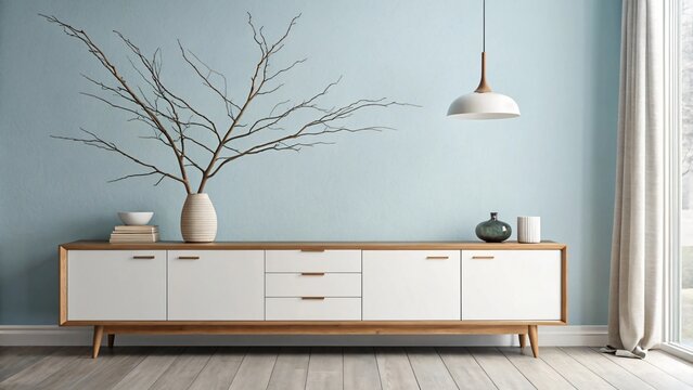 A modern white and wood credenza with decorative branches and vases against a light blue wall