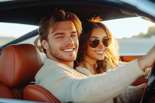 Happy young couple sitting inside a car with leather seats smiling and enjoying a sunny day at the beach