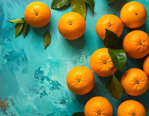 Bright oranges with green leaves arranged on a turquoise abstract textured background