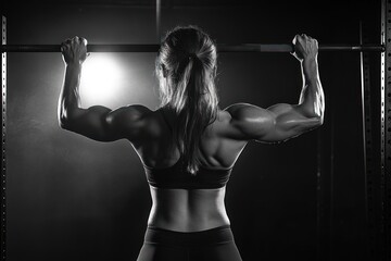 Strong athletic woman performing a pull-up exercise in a dark gym setting with dramatic lighting highlighting her muscular back and arms