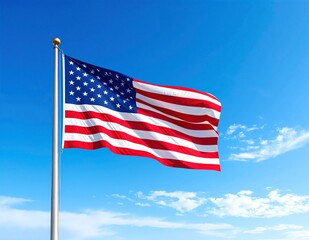 Obraz premium A vibrant flag flutters gracefully in the wind atop a tall, sturdy pole, its colors vivid against a clear blue sky, symbolizing unity and pride.