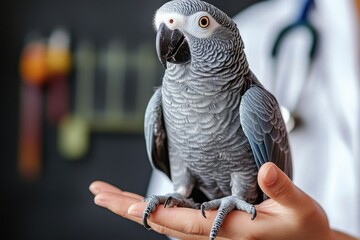 Fototapeta premium close-up of a grey parrot with detailed feathers perched on a person's hand with a blurred background suggesting a medical or human care setting