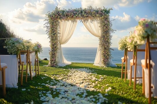 Outdoor wedding ceremony setup with floral arch and petals on grass overlooking calm ocean under partly cloudy sky - Powered by Adobe