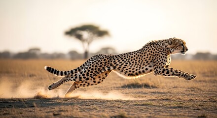 Cheetah leaping across the african savanna with dust kicking up from its paws in golden light