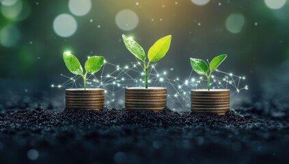 Small green plants growing from stacks of coins symbolizing financial growth and investment with digital network connections glowing around them