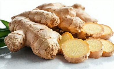 Fresh whole and sliced ginger roots on a white surface with green leaves in the background capturing natural texture and earthy tones
