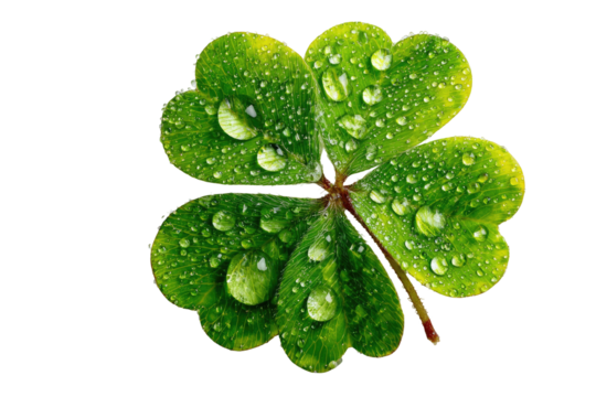 Close-up of a vibrant four-leaf clover, glistening with water droplets