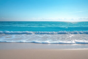 Calm sandy beach with gentle turquoise ocean waves under a clear blue sky on a sunny day, evoking tranquility and relaxation