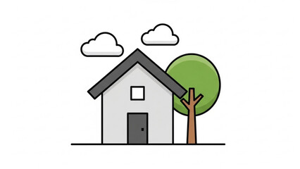 A simplified, modern illustration of a house with a tree and clouds, representing home, dwelling, and residential concepts in a clean, minimalist style