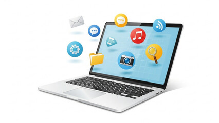 Laptop with digital icons representing various applications and cloud computing services, symbolizing modern technology and connectivity
