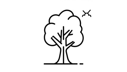 A simple, minimalist line art illustration of a deciduous tree with branches and a small sun or cloud icon in the upper right corner, evoking nature and simplicity
