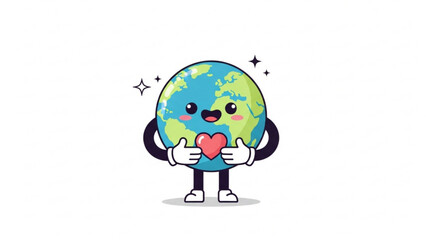 Cute cartoon Earth character holding a heart symbol, representing love and care for the planet, ideal for environmental awareness campaigns and eco-friendly messaging