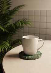White coffee cup on green coaster with fern plant
